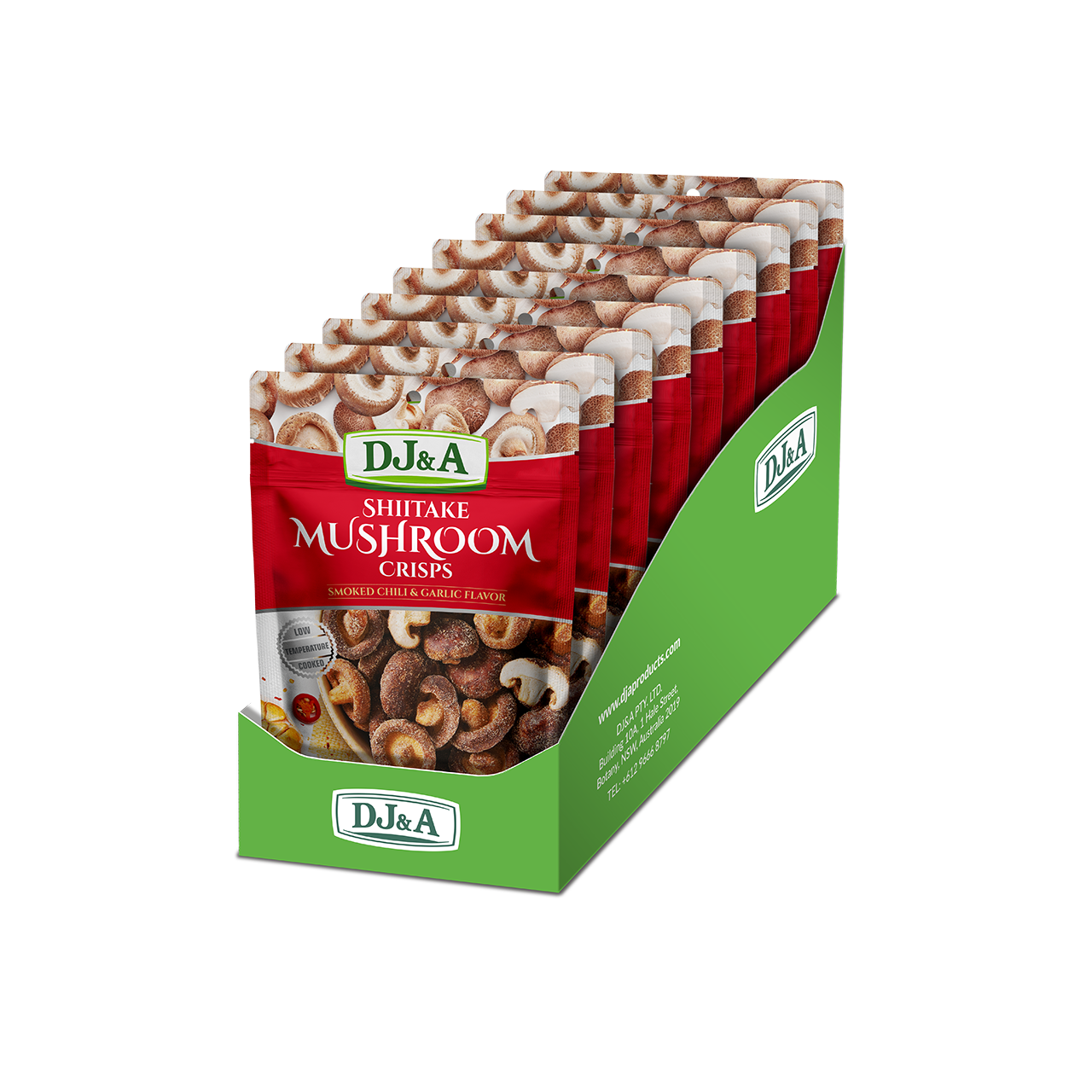 DJ&A Shiitake Mushroom Crisps Smoked Chilli & Garlic 2.29oz (65g) - 9 Pack