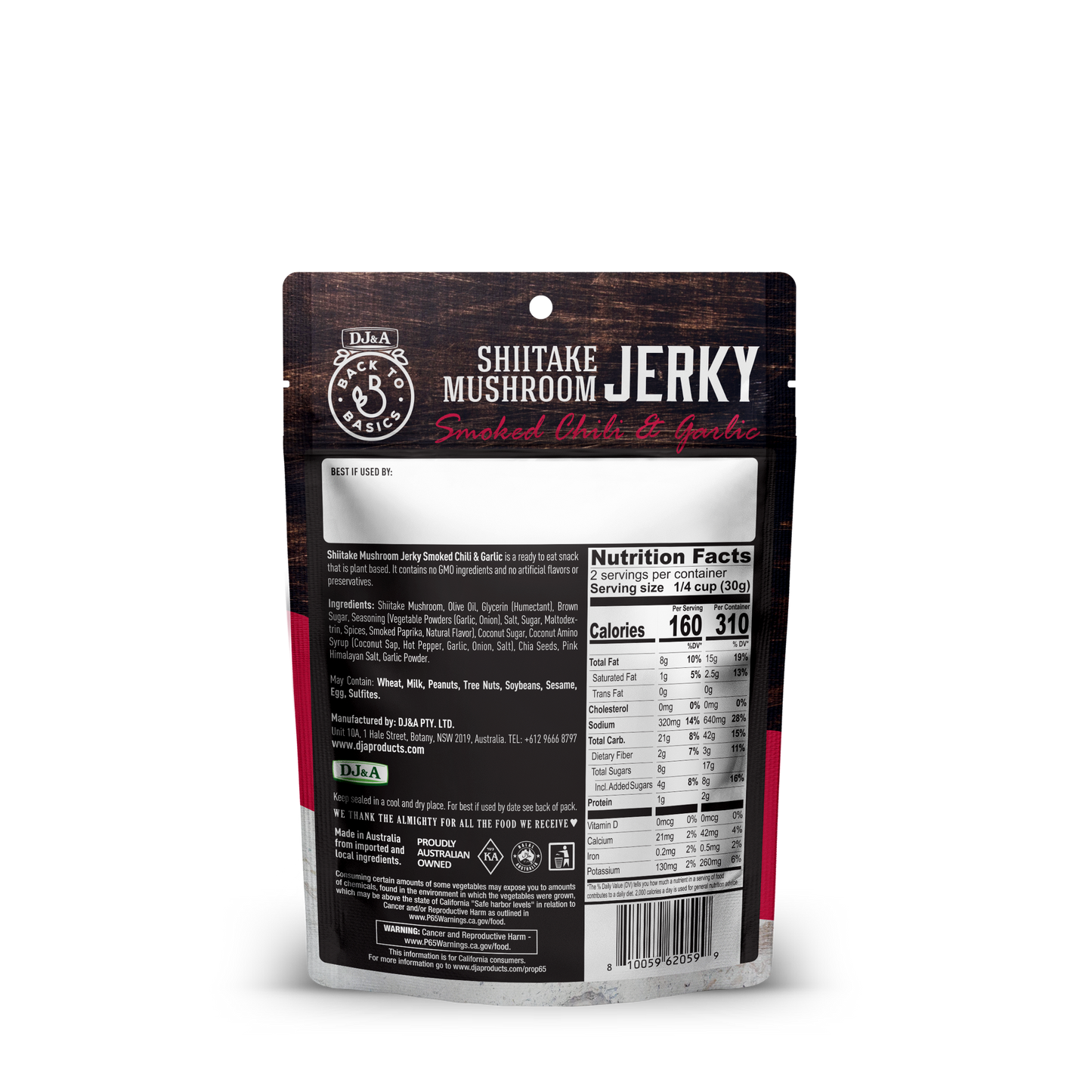 DJ&A Shiitake Jerky Smoked Chilli & Garlic 2.11oz (60g) - 12 Pack