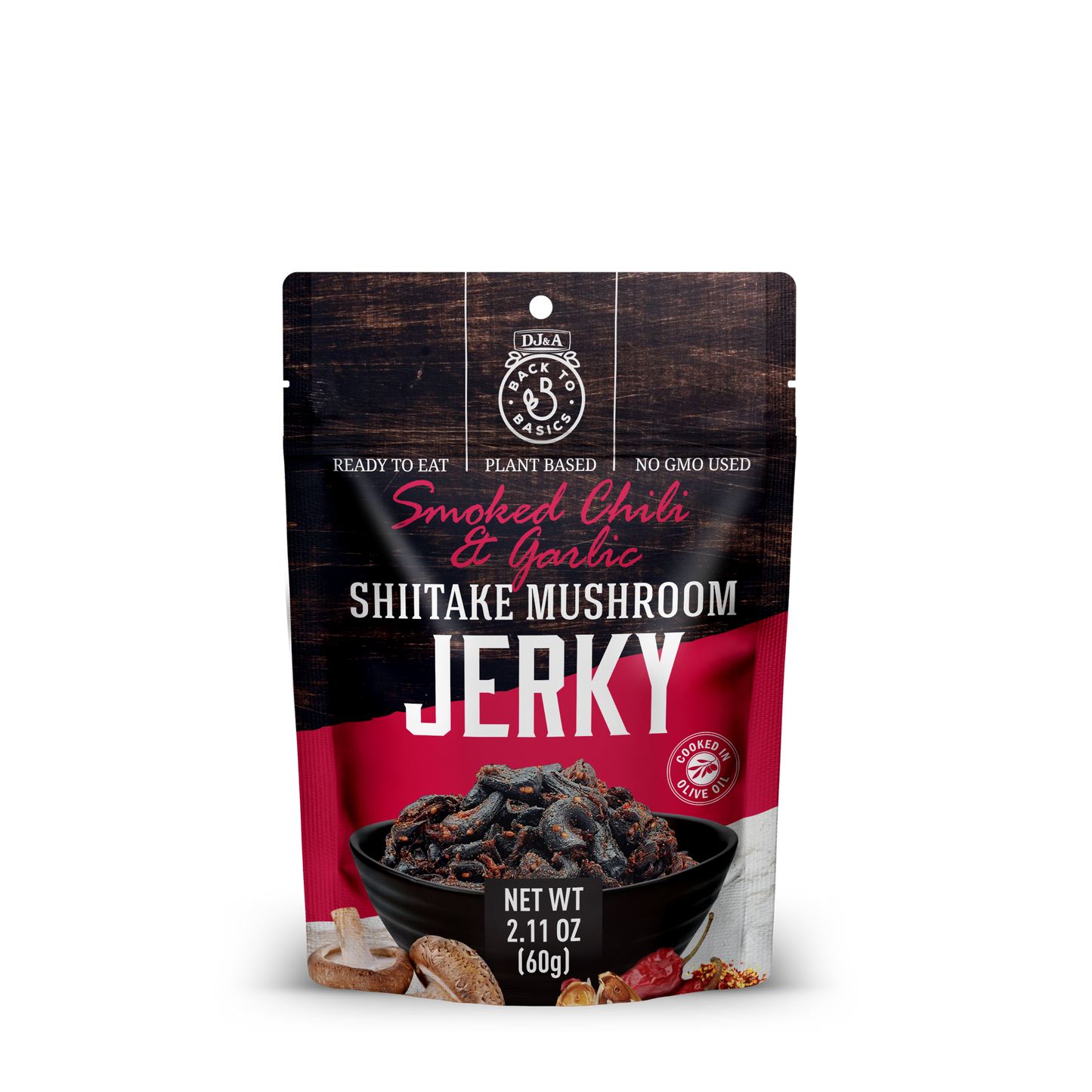 DJ&A Shiitake Jerky Smoked Chilli & Garlic 2.11oz (60g) - 12 Pack