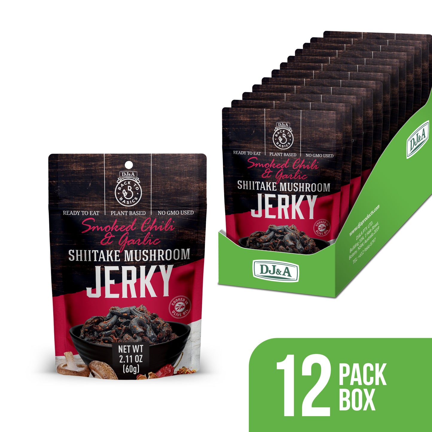 DJ&A Shiitake Jerky Smoked Chilli & Garlic 2.11oz (60g) - 12 Pack