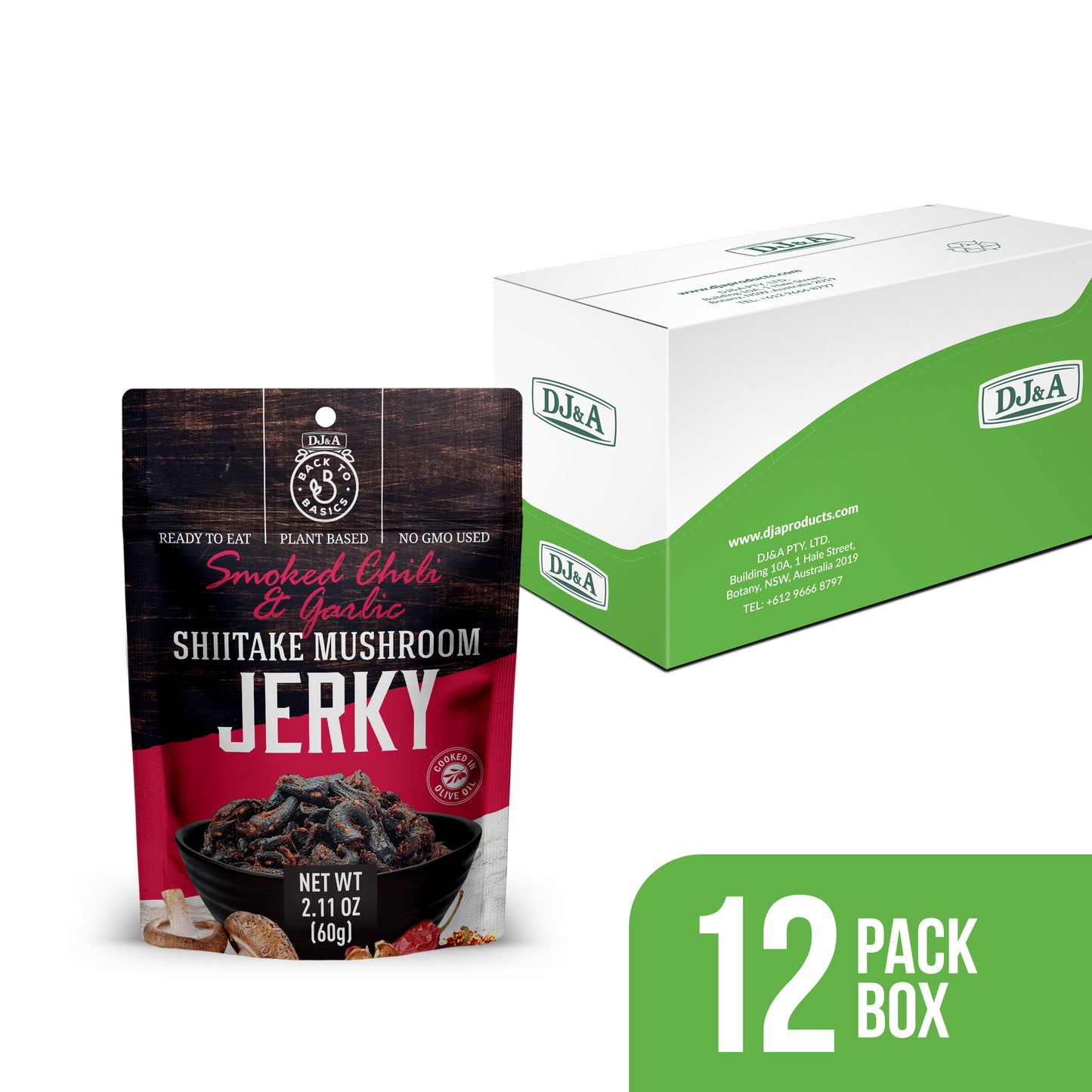 DJ&A Shiitake Jerky Smoked Chilli & Garlic 2.11oz (60g) - 12 Pack