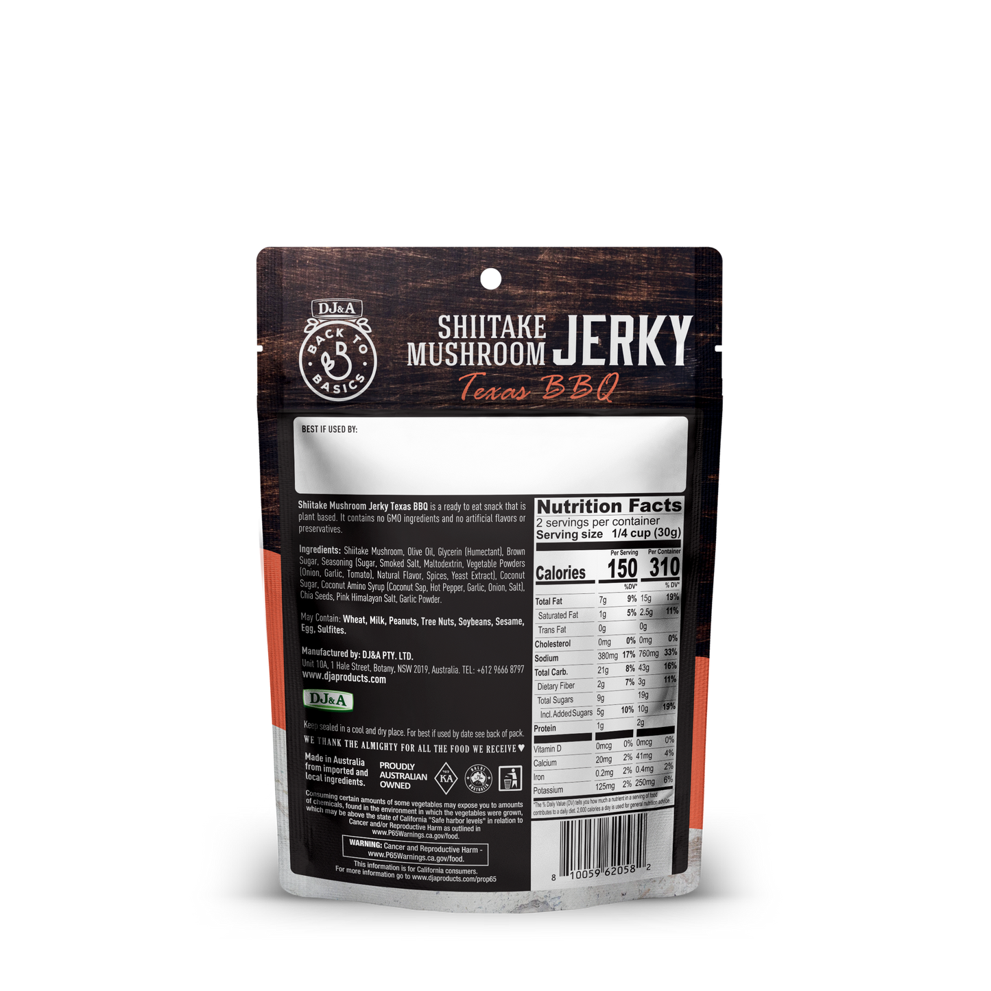 DJ&A Shiitake Jerky Texas BBQ 2.11oz (60g) - 12 Pack