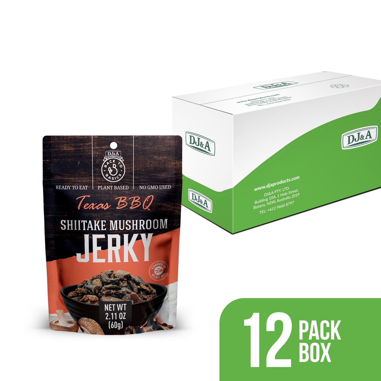 DJ&A Shiitake Jerky Texas BBQ 2.11oz (60g) - 12 Pack